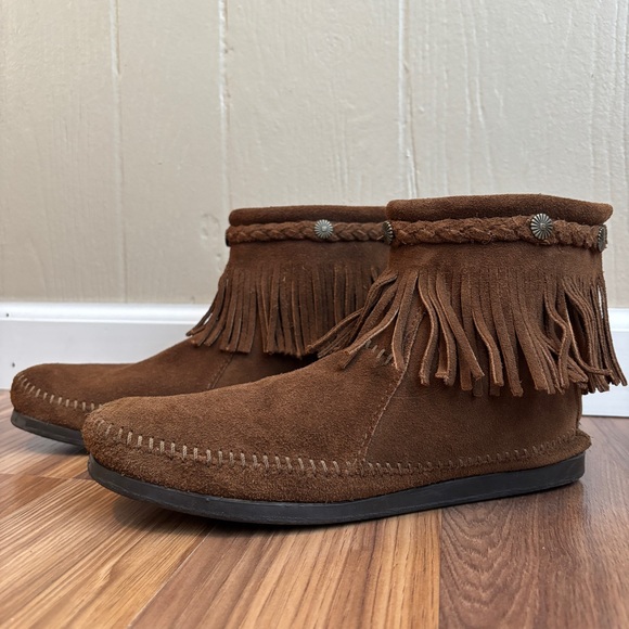 Shoes - Minnetonka Moccasins 293 High Top Fringe Boot in Dusty Brown Suede